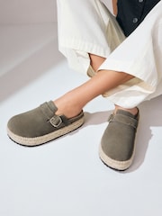 Khaki Green Forever Comfort® Leather Round Toe Espadrille Chunky Clogs - Image 1 of 8