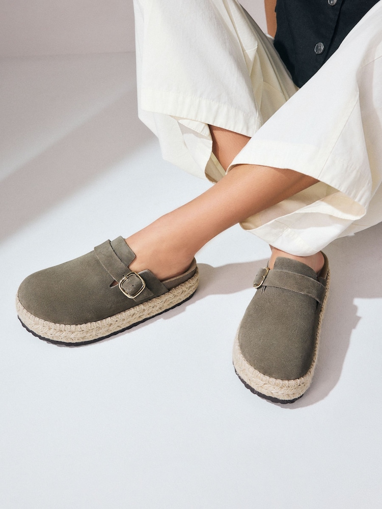 Khaki Green Forever Comfort® Leather Round Toe Espadrille Chunky Clogs - Image 1 of 8