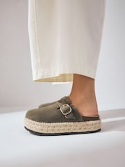 Khaki Green Forever Comfort® Leather Round Toe Espadrille Chunky Clogs - Image 3 of 8