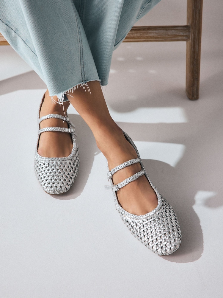 Silver Forever Comfort® Leather Square Toe Weave Double Mary Jane Shoes - Image 2 of 9