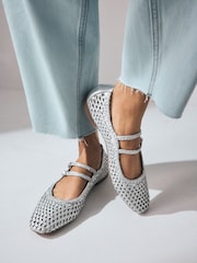 Silver Forever Comfort® Leather Square Toe Weave Double Mary Jane Shoes - Image 3 of 9