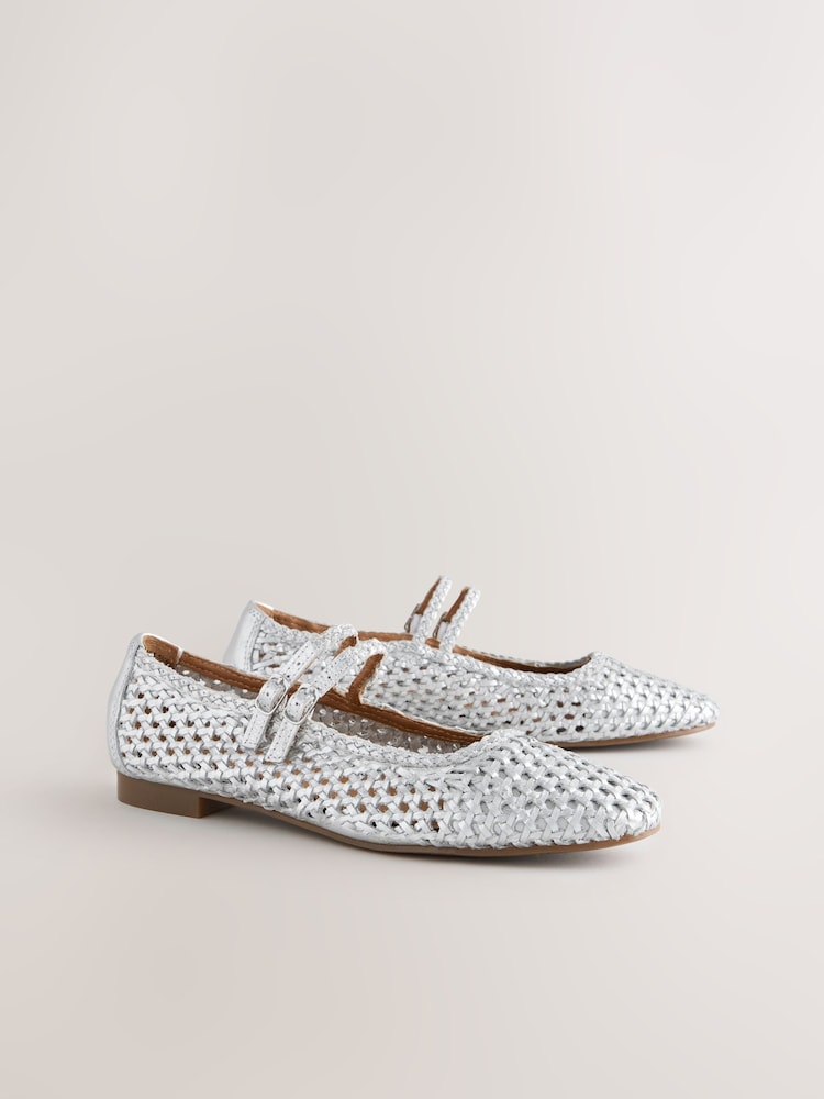 Silver Forever Comfort® Leather Square Toe Weave Double Mary Jane Shoes - Image 7 of 9