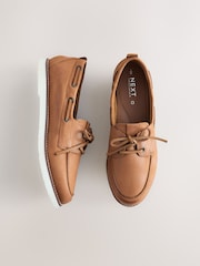 Tan Brown Forever Comfort® Leather Round Toe Lace Up Boat Shoes - Image 1 of 6