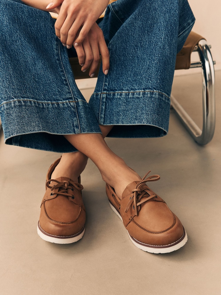 Tan Brown Forever Comfort® Leather Round Toe Lace Up Boat Shoes - Image 7 of 7