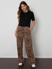 Threadbare Brown Leopard Print Lightweight Jersey Wide Leg 100% Cotton Trousers - Image 1 of 4