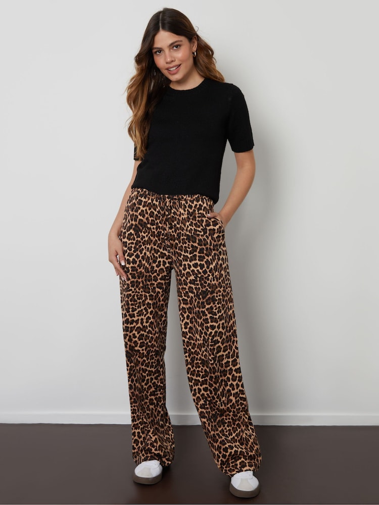 Threadbare Brown Leopard Print Lightweight Jersey Wide Leg 100% Cotton Trousers - Image 1 of 4