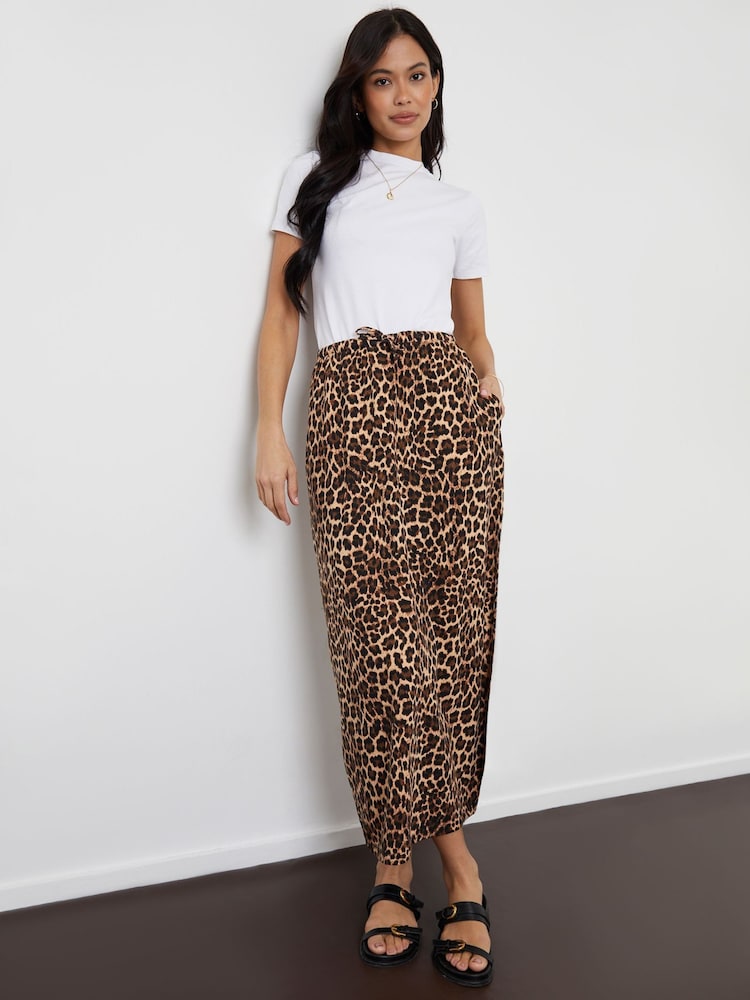 Коричневый - Threadbare Leopard Print Lightweight Jersey 100% Cotton Midi Skirt with Pockets - Изображение 1 из 4