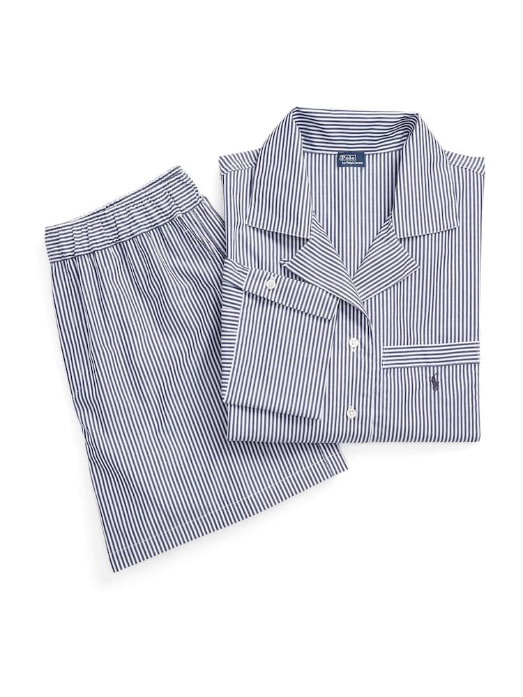 Polo Ralph Lauren Blue Shirting Striped Crop 100% Cotton Pyjama Set - Image 1 of 5 Polo Ralph Lauren Blue Shirting Striped Crop 100% Cotton Pyjama Set - Image 1 of 5