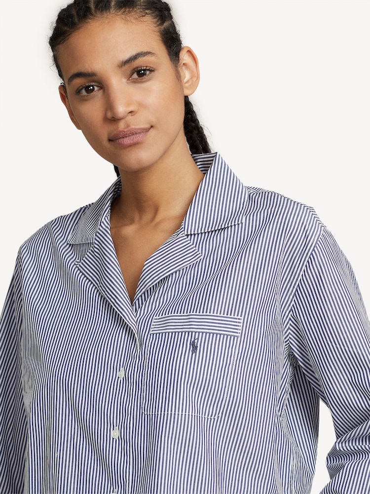 Lauren Ralph Lauren Blue Shirting Striped Crop 100% Cotton pyjama set - صورة 2 من 5