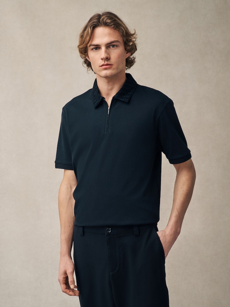 Black Pattern Collar Flocked Quarter Zip Polo Shirt - Image 1 of 9 Black Pattern Collar Flocked Quarter Zip Polo Shirt - Image 1 of 9