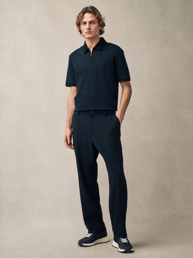 Black Pattern Collar Flocked Quarter Zip Polo Shirt - Image 2 of 9 Black Pattern Collar Flocked Quarter Zip Polo Shirt - Image 2 of 9