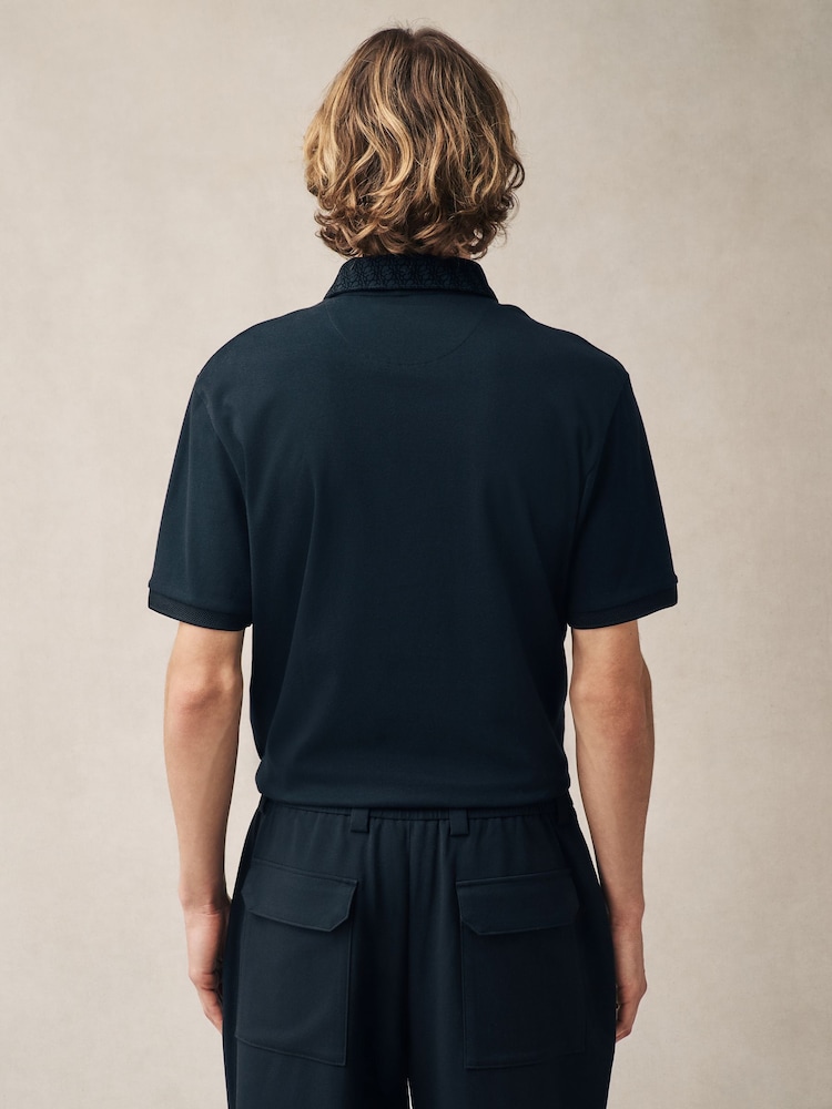 Black Pattern Collar Flocked Quarter Zip Polo Shirt - Image 3 of 9