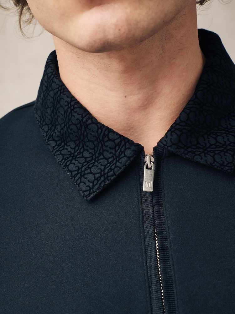 Black Pattern Collar Flocked Quarter Zip Polo Shirt - Image 4 of 9