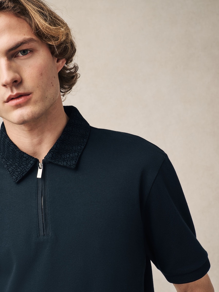 Black Pattern Collar Flocked Quarter Zip Polo Shirt - Image 5 of 9