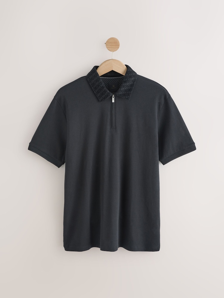 Black Pattern Collar Flocked Quarter Zip Polo Shirt - Image 6 of 9
