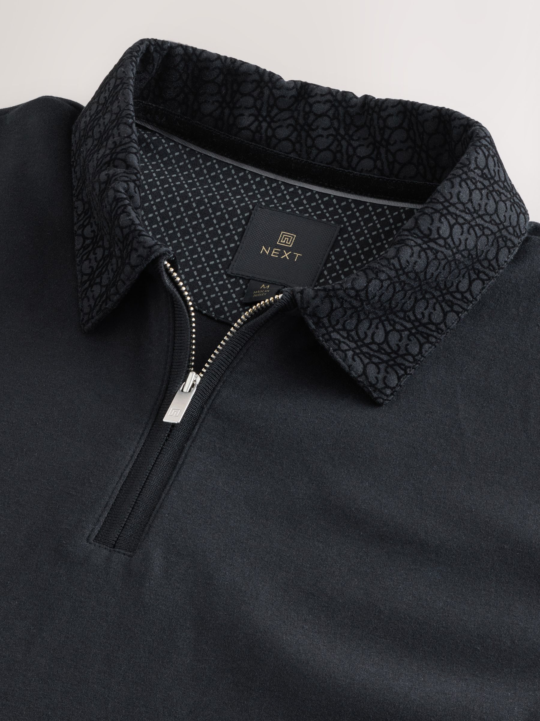 Buy Black Pattern Collar Flocked Quarter Zip Polo Shirt from Next USA