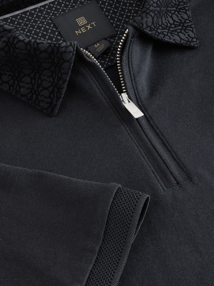 Black Pattern Collar Flocked Quarter Zip Polo Shirt - Image 9 of 9 Black Pattern Collar Flocked Quarter Zip Polo Shirt - Image 9 of 9
