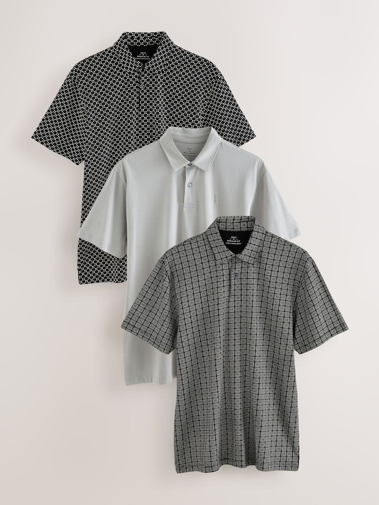 Mono Geo Print Regular Fit Short Sleeve Jersey Polo Shirts 3 Pack - Image 1 of 12