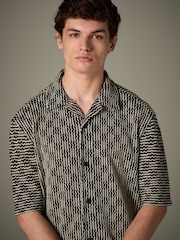 Black/White Cuban Collar Textured Jersey Short Sleeve Shirt - Image 1 of 9