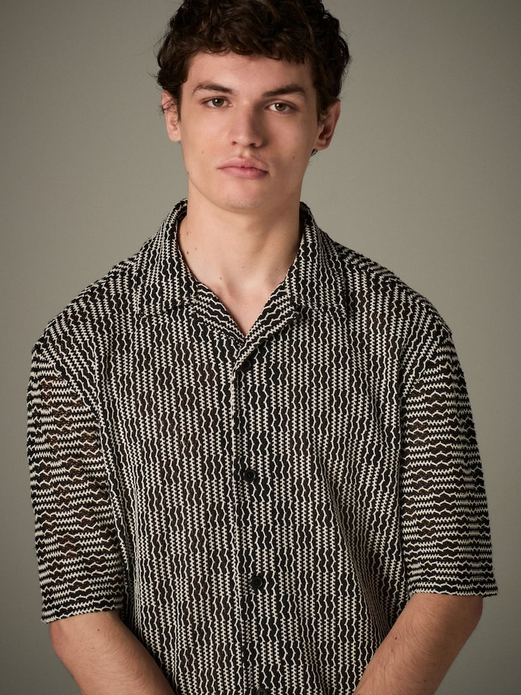 Black/White Cuban Collar Textured Jersey Short Sleeve Shirt - Image 1 of 9