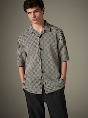 Black/White Cuban Collar Textured Jersey Short Sleeve Shirt - Image 3 of 9