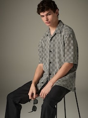 Black/White Cuban Collar Textured Jersey Short Sleeve Shirt - Image 5 of 9