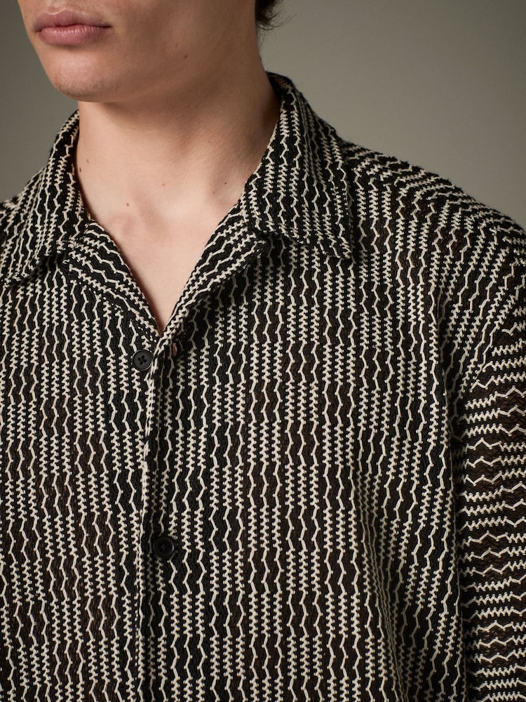 Black/White Cuban Collar Textured Jersey Short Sleeve Shirt - Image 6 of 9