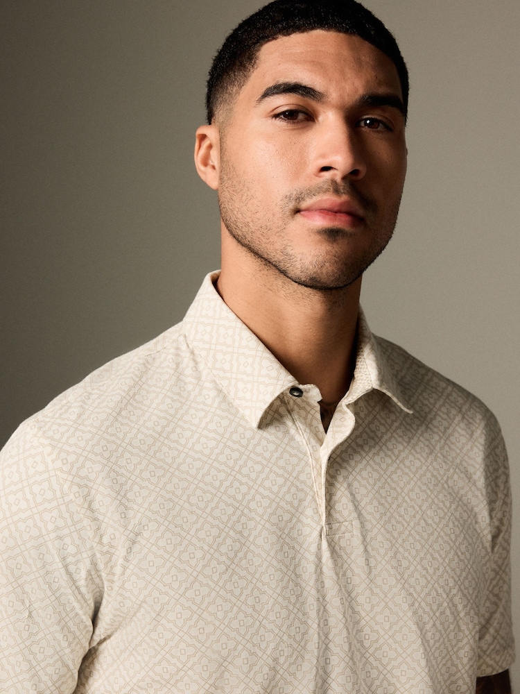 Ecru Geo Short Sleeve Print Polo Shirt - Image 1 of 8