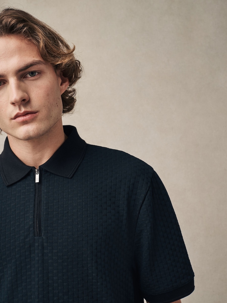 Black Textured Zip Neck Polo Shirt - Image 4 of 7