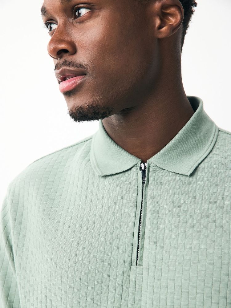 Sage Green Textured Zip Neck Polo Shirt - Image 4 of 7