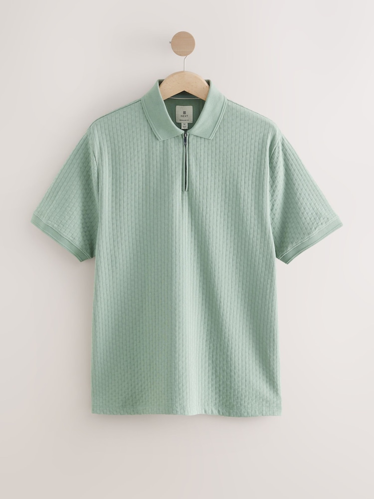 Sage Green Textured Zip Neck Polo Shirt - Image 5 of 7