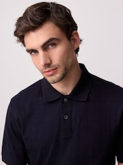 Navy Blue Regular Fit Textured Button Neck 100% Cotton Polo Shirt - Image 1 of 9
