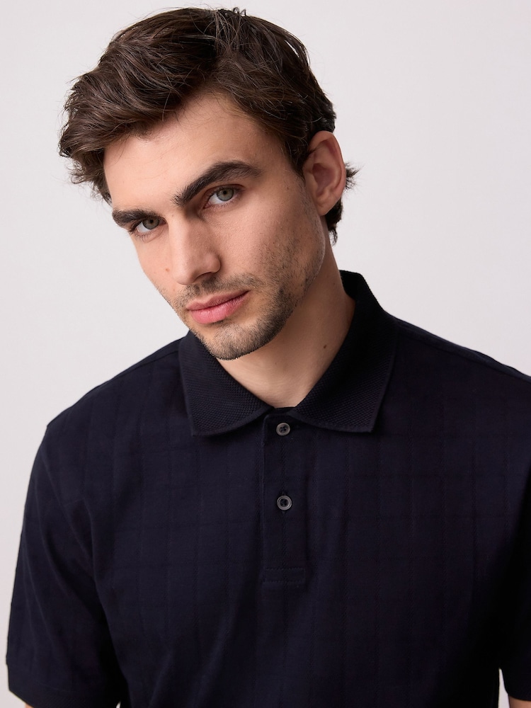 Navy Blue Regular Fit Textured Button Neck 100% Cotton Polo Shirt - Image 1 of 9