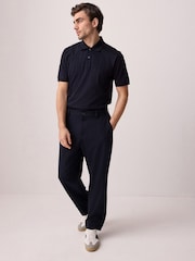 Navy Blue Regular Fit Textured Button Neck 100% Cotton Polo Shirt - Image 2 of 9