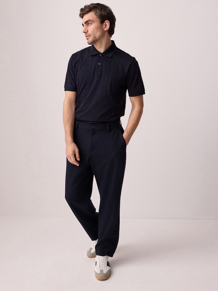 Navy Blue Regular Fit Textured Button Neck 100% Cotton Polo Shirt - Image 2 of 9
