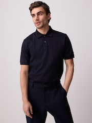 Navy Blue Regular Fit Textured Button Neck 100% Cotton Polo Shirt - Image 3 of 9