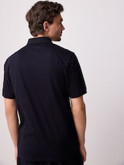 Navy Blue Regular Fit Textured Button Neck 100% Cotton Polo Shirt - Image 4 of 9
