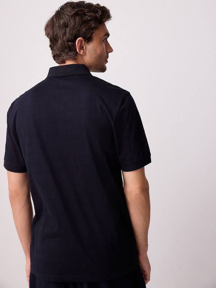 Navy Blue Regular Fit Textured Button Neck 100% Cotton Polo Shirt - Image 4 of 9