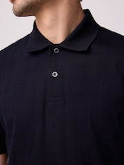 Navy Blue Regular Fit Textured Button Neck 100% Cotton Polo Shirt - Image 5 of 9