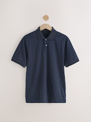 Navy Blue Regular Fit Textured Button Neck 100% Cotton Polo Shirt - Image 6 of 9