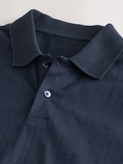 Navy Blue Regular Fit Textured Button Neck 100% Cotton Polo Shirt - Image 7 of 9