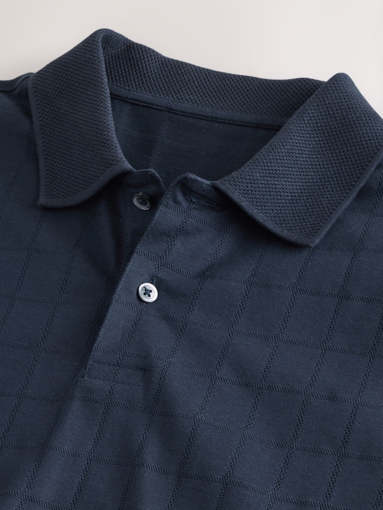 Navy Blue Regular Fit Textured Button Neck 100% Cotton Polo Shirt - Image 7 of 9