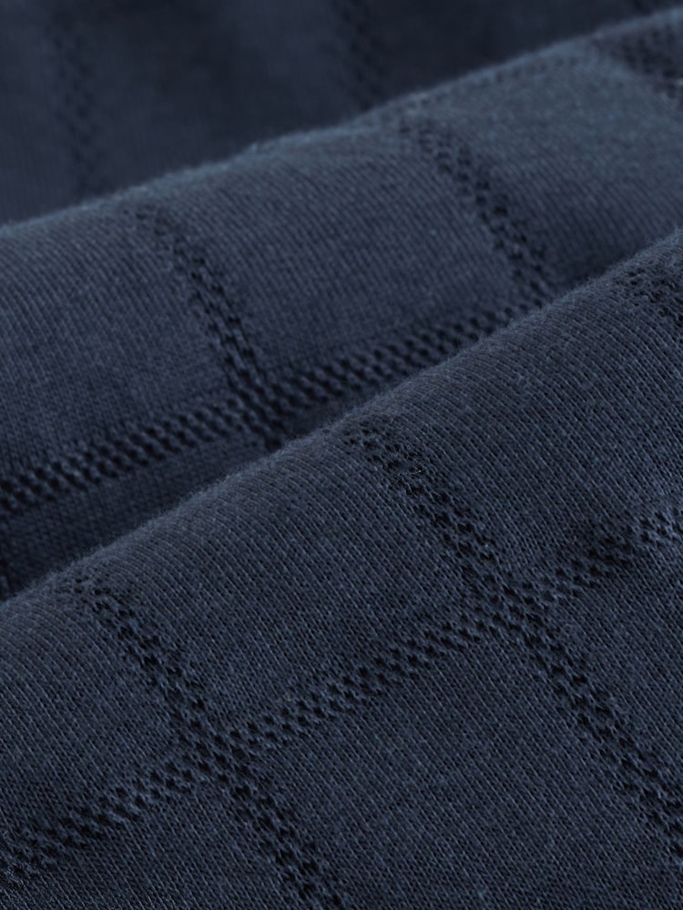 Navy Blue Regular Fit Textured Button Neck 100% Cotton Polo Shirt - Image 8 of 9