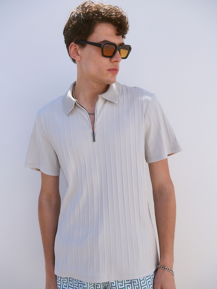 Light Grey Slim Fit Smart Quarter Zip Polo Shirt - Image 4 of 6