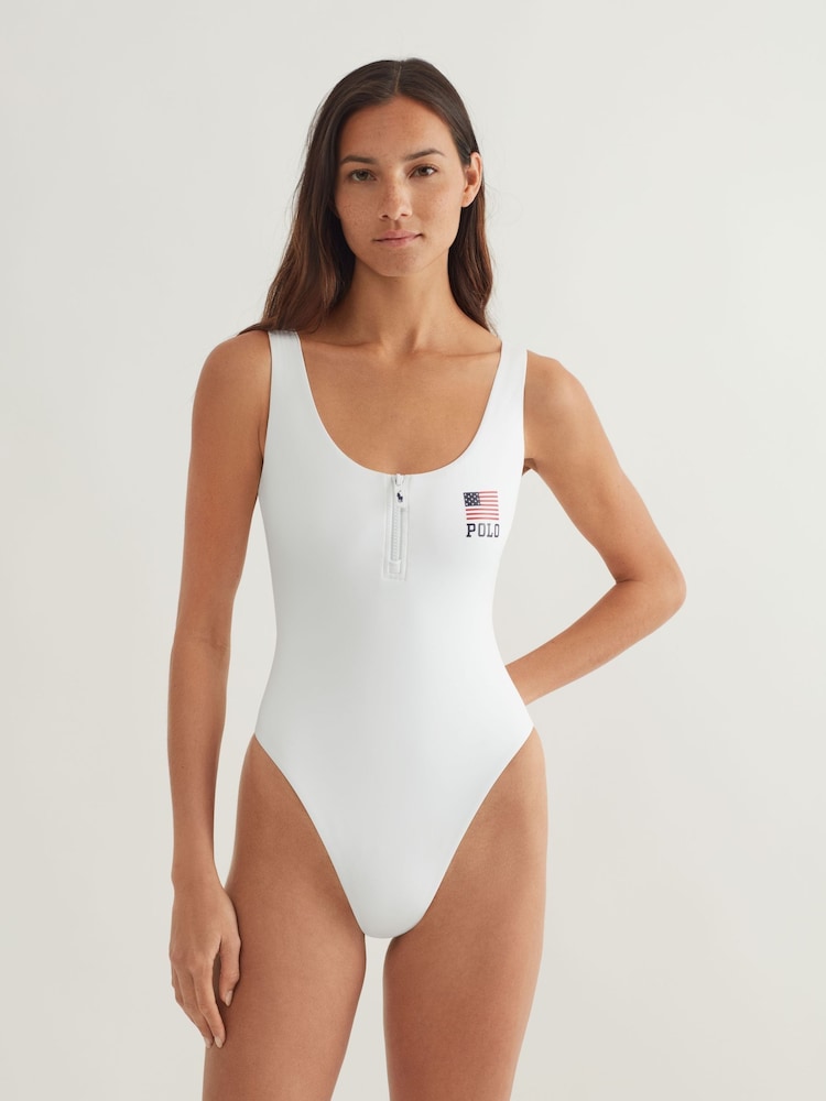 Polo Ralph Lauren White Zipper Scoop Swimsuit - Image 1 of 6