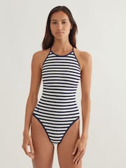 Polo Ralph Lauren Blue Retro High Neck Striped Swimsuit - Image 1 of 5