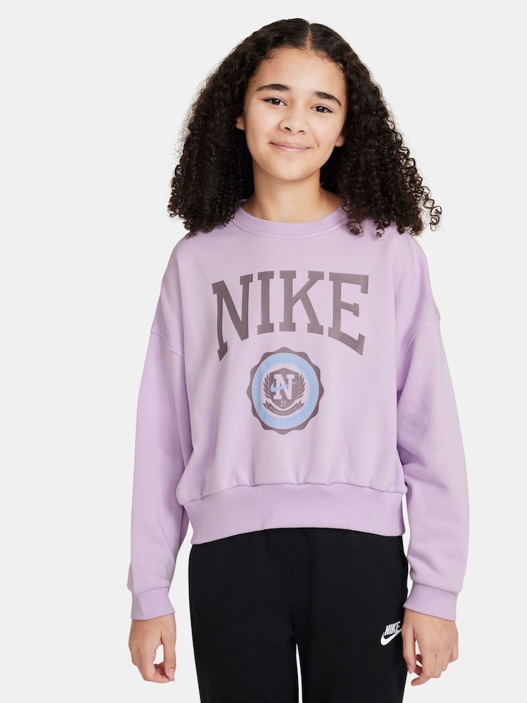 Nike Doll Lilac Boxy Varsity Crew Neck Sweatshirt - Image 1 of 3