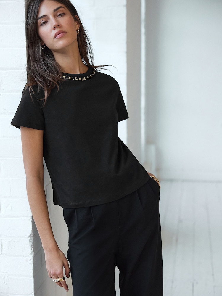 Black/Gold Chain Neck Detail 100% Cotton T-Shirt - Image 3 of 8