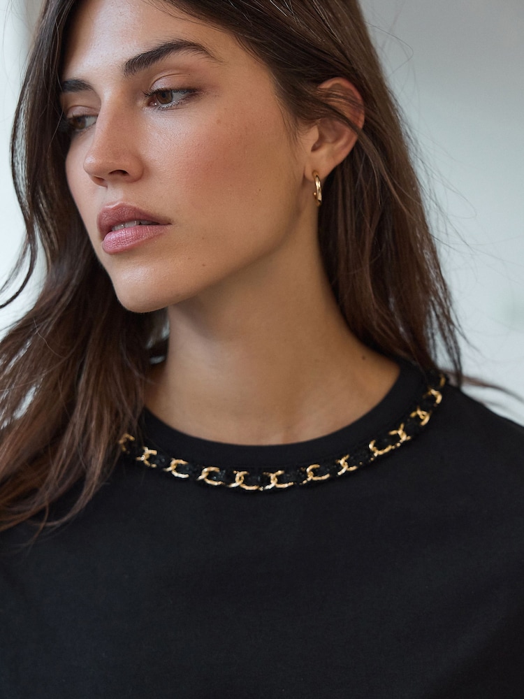 Black/Gold Chain Neck Detail 100% Cotton T-Shirt - Image 5 of 8