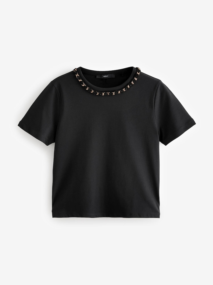 Black/Gold Chain Neck Detail 100% Cotton T-Shirt - Image 6 of 8